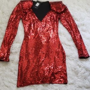 Red sequence dress with shoulder pads